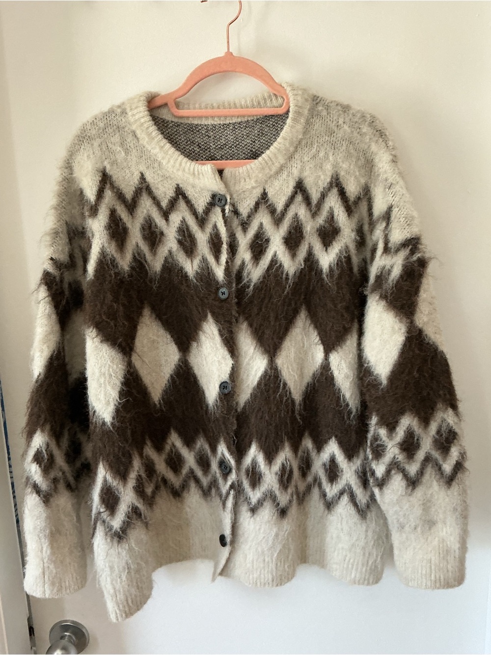 Diamond-Pattern Fuzzy Button-Up Cardigan - Cream and Brown